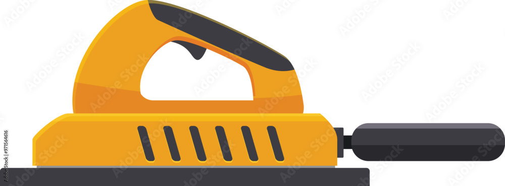 Poster electric sander resting on a flat surface, possibly awaiting its next use in a workshop or on a cons