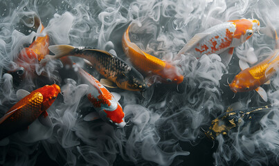 Carps and koi fishes floating in fog/smoke