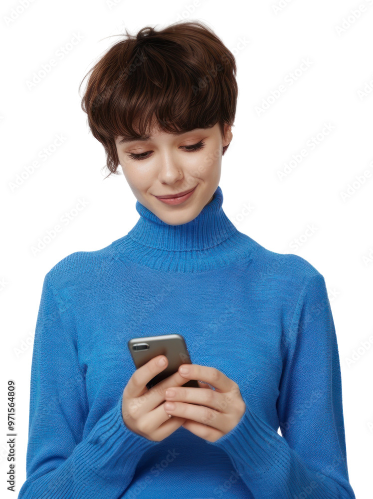 Poster PNG Woman texting on smartphone happily