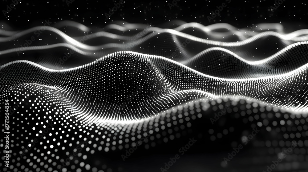 Poster abstract representation of waves created with dots in a monochromatic color scheme.