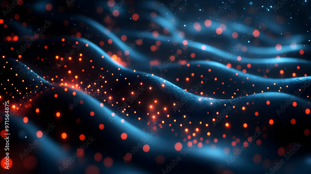 Poster abstract representation of waves with glowing particles in a dark background.