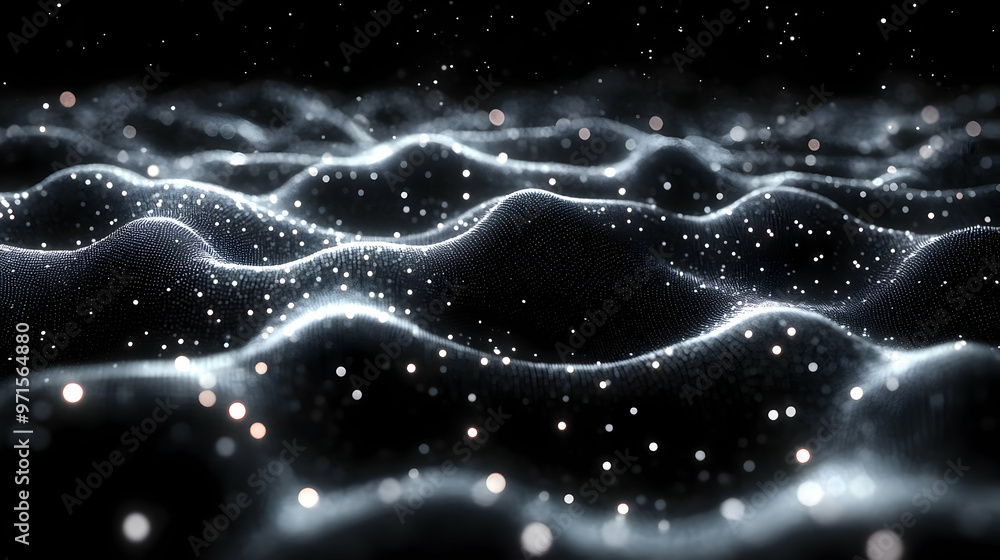 Poster abstract representation of waves with glowing particles against a dark background.