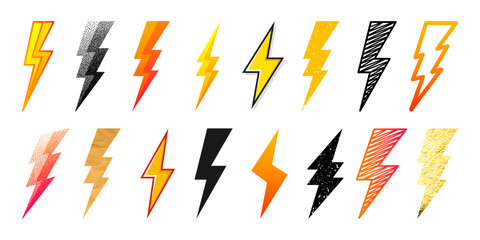 Lightning bolt icons collection. Golden, grunge, stippled, hand drawn flash symbol, thunderbolt. Dot drawing. Simple lightning strike sign. Vector illustration