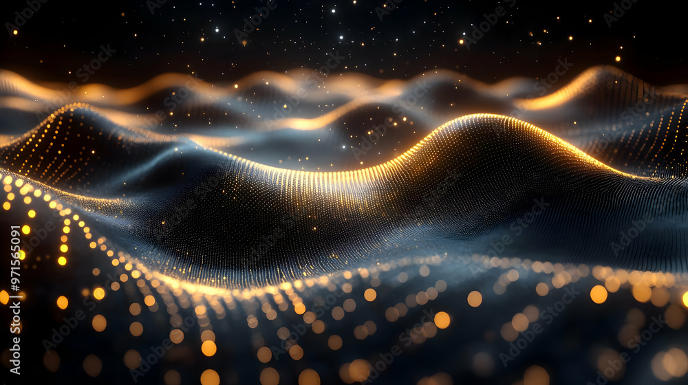 Poster abstract representation of waves with glowing particles, suggesting technology and data flow.