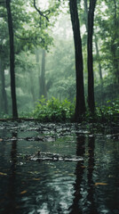 Obraz premium Heavy downpour at edge of forest with serene water pool