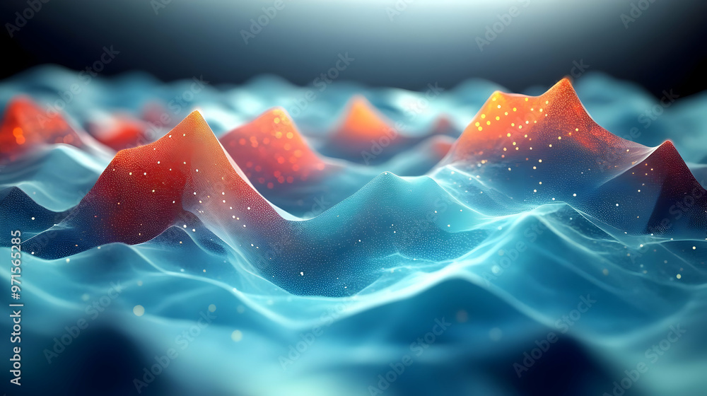 Poster abstract representation of waves with vibrant colors and glowing elements.