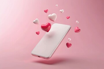 mockup, pink hearts fly out of the smartphone