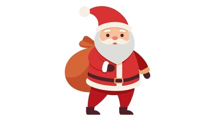 New Year greeting card, Santa Claus in a red suit with a bag of gifts on a white background, flat illustration