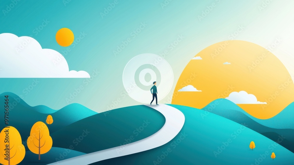 Poster ignorance and confidence for success: a playful scene where a figure confidently walks on a path wit