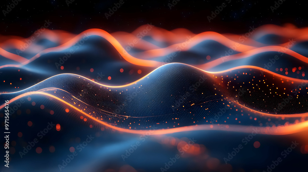Poster abstract visualization of flowing waves with glowing particles in a dark environment.