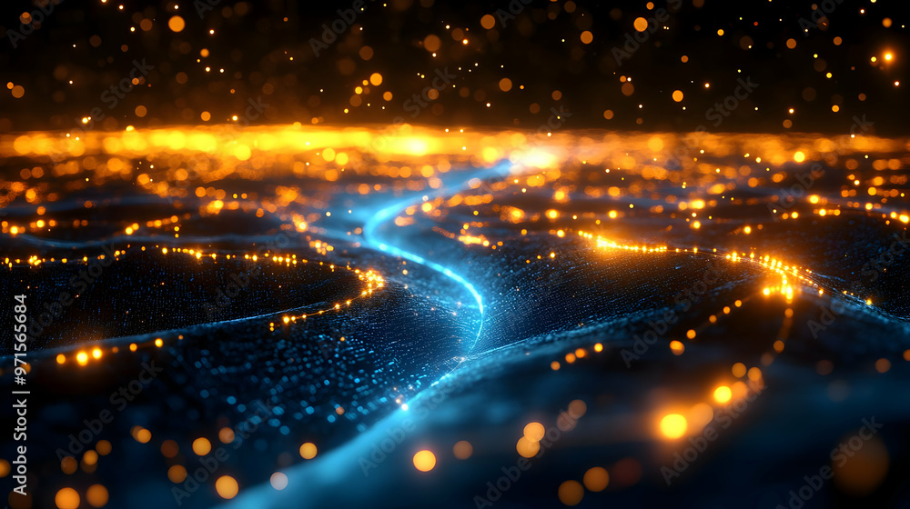 Poster abstract visualization of glowing particles and flowing lines in a dark space.