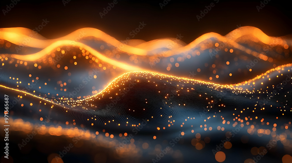 Poster abstract visualization of flowing waves with glowing particles, suggesting movement and energy.