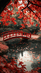 A serene Japanese garden bridge covered in vibrant red autumn leaves reflects in water