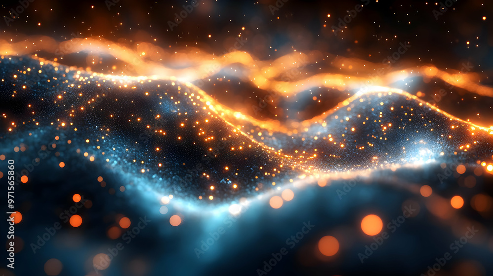 Poster abstract visualization of glowing waves with orange and blue particles.