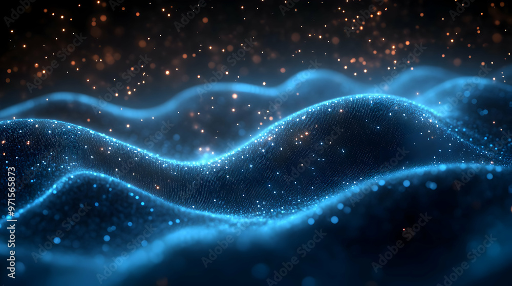 Poster abstract visualization of glowing waves with particles, conveying a sense of depth and motion.