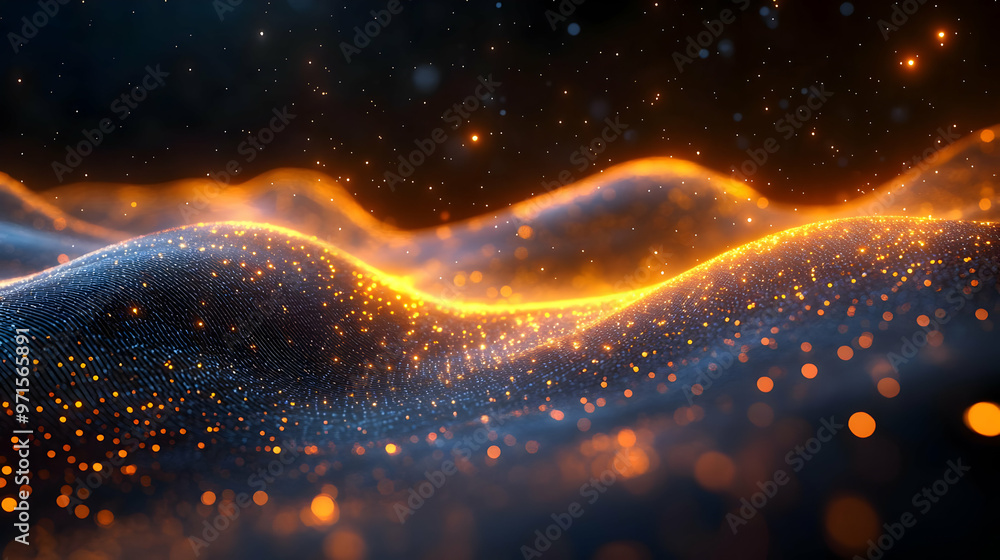 Poster abstract visualization of glowing waves with particles, suggesting depth and movement.