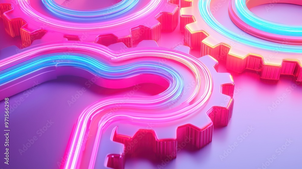 Poster interlocking gears with neon light trails flowing between them, symbolizing the constant cycle of fe