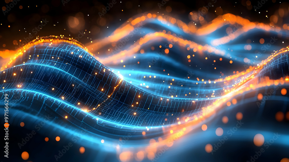 Aufkleber abstract visualization of waves with glowing blue and orange lines and particles.
