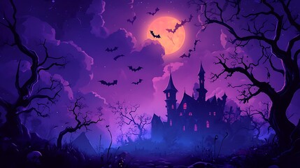 Background for a Halloween party invitation, showcasing a moonlit night scene with creepy trees, bats, and a haunted mansion, with a clear area for text