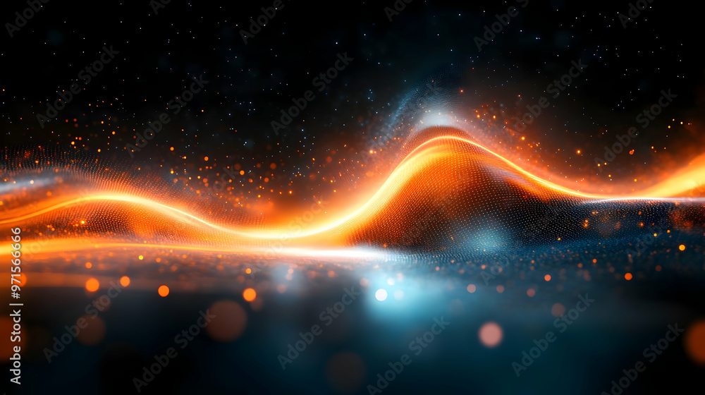 Poster abstract wave of glowing particles in vibrant colors, creating a dynamic visual effect.
