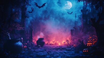 Dark and eerie sale sign background with Halloween motifs like cauldrons, bats, and skeletons, leaving a large blank space for sale information or announcements