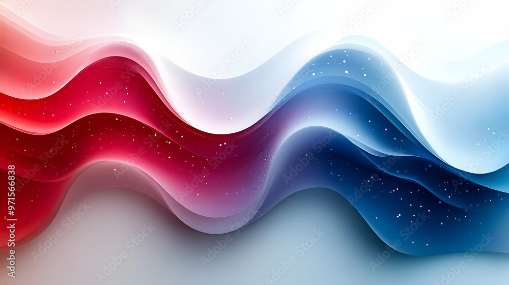 Poster abstract waves in red and blue with a smooth gradient and sparkling elements.