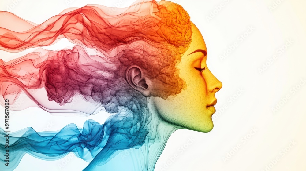 Aufkleber layered faces of growth: multiple translucent human faces layered on top of each other, each with di