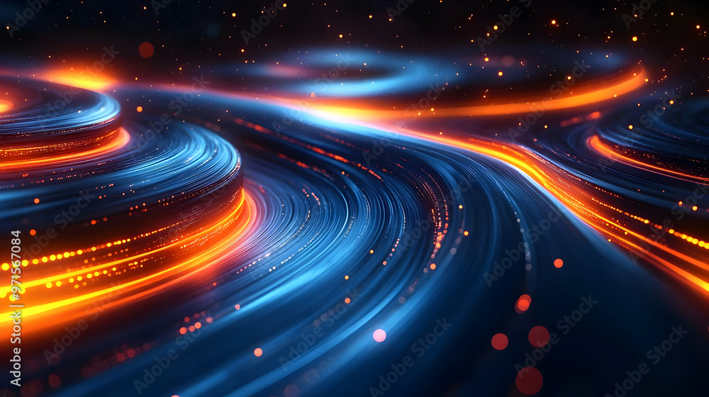 Poster abstract waves of blue and orange light create a dynamic, flowing visual effect.