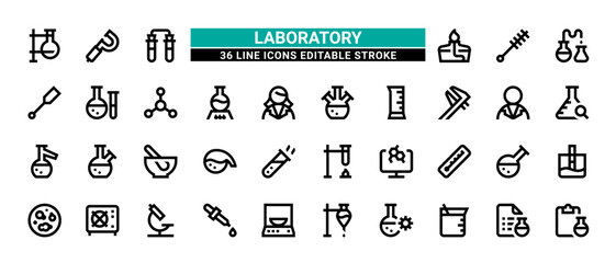 36 Laboratory Line Icons Set Pack Editable Stroke Vector Illustration.