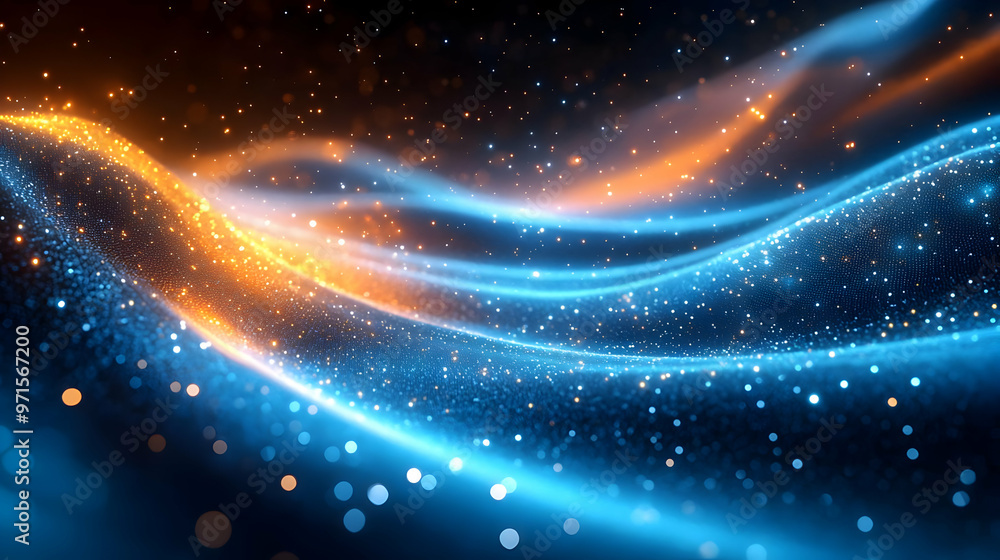Aufkleber abstract waves of blue and orange light with sparkling particles create a dynamic visual effect.