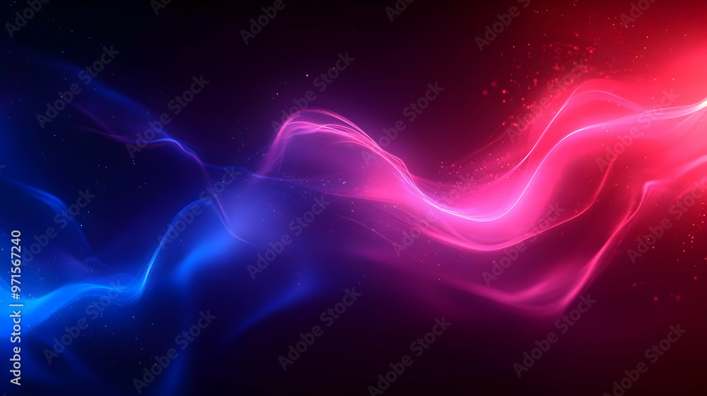 Poster abstract waves of blue and pink light create a dynamic, flowing visual effect.