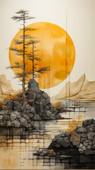 Pine tree and full moon in the sky. Poster art.