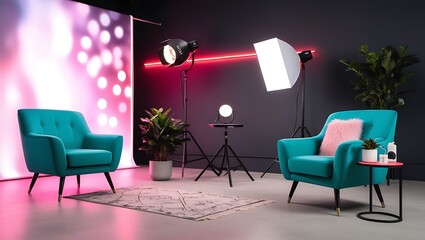 Modern Interior Design with Neon Lighting and Professional Photography Equipment