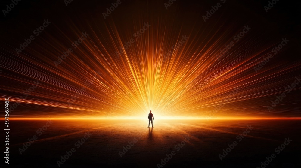 Aufkleber light within darkness: a dark background with a single glowing figure radiating beams of light, repr