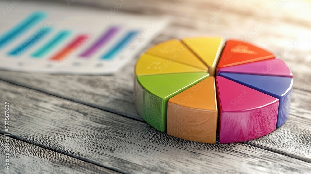 Poster colorful pie chart on a wooden table showcasing data visualization and analysis for business present