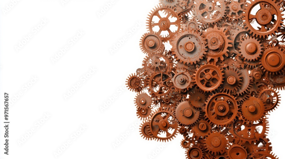 Poster locked gears: a head filled with mechanical gears that are rusted and frozen, representing a mind st