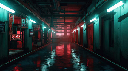 Fototapeta premium Cyberpunk street with glowing neon ads in sci-fi city. Futuristic cyberpunk street in the neighborhood