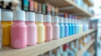 Colorful paint bottles arranged on a wooden shelf in a studio.