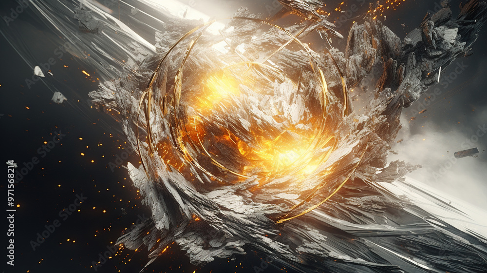 Poster abstract explosion in space with rocks and stones burst in flame, sci-fi and technology background