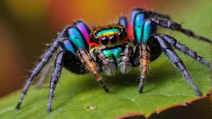 Fototapeta premium A close-up of a colorful spider perched on a green leaf, showcasing its vibrant features.