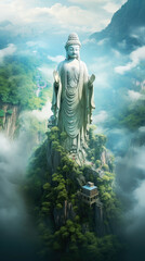 Fototapeta premium generated illustration of buddha sculpture in a mountain.