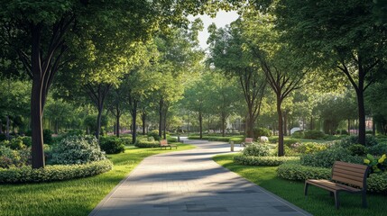 A Tranquil Walkway Through the Green Canopy, 3D Rendering, Lush Foliage, Park Path, Sunlit, Peaceful, Nature