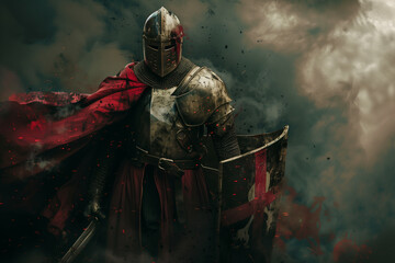 A dramatic and atmospheric portrayal of a medieval knight clad in armor, brandishing a shield, amidst a stormy and fiery battlefield backdrop