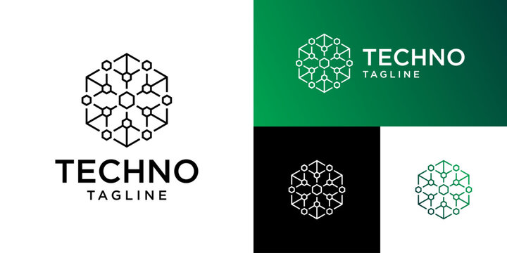 Vector design template of technology logo with abstract dots, molecules, internet network, symbol icons EPS 10.