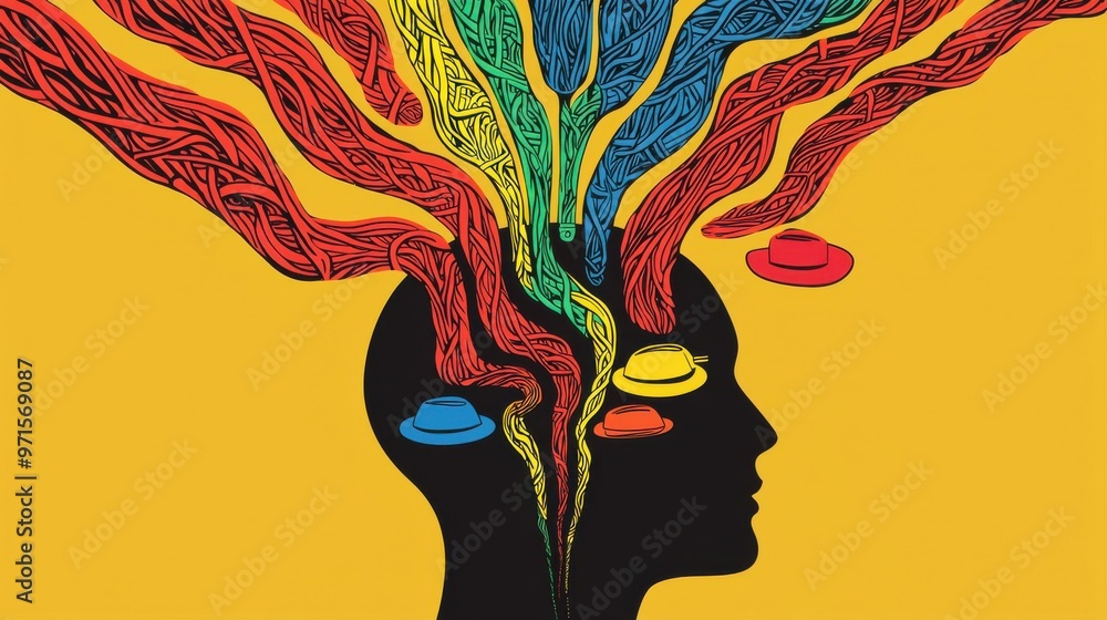 Poster mind map of colors: a human head with branches extending outward, each branch leading to a floating 