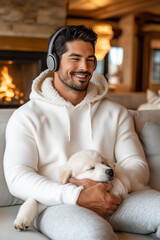 adult man smiles while listening to music with headphones and holding his pet in his lap asleep, interior, living room with fireplace, winter, vertical,