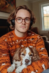young man poses with his pet looking at the camera with headphones on in the living room of his house, vertical, peace, relaxation, tranquility, best friend,