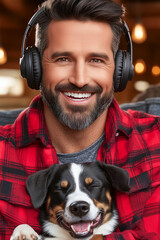 smiling young man poses with his pet looking at the camera with headphones on in the living room of his house with black and red plaid shirt, vertical, peace, relax, tranquility, best friend,