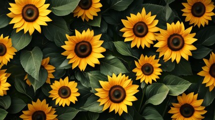 Floral pattern with bright sunflowers and dark green leaves generative ai