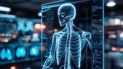 Digital Skeleton Scan on Holographic Screen, Medical Imaging , X-ray , Hologram